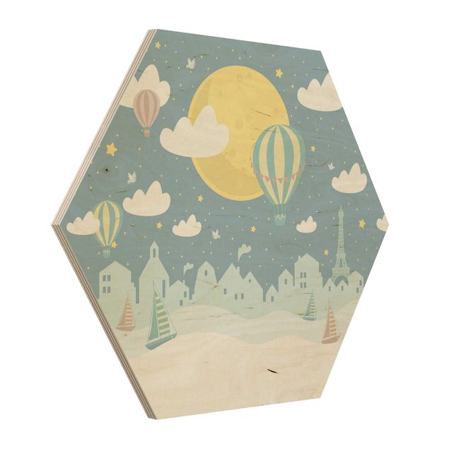 Hexagons houten schilderijen Paris With Stars And Hot Air Balloon
