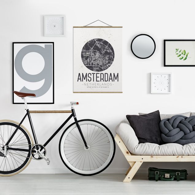 Stoffen schilderij met posterlijst Amsterdam City Map - Retro