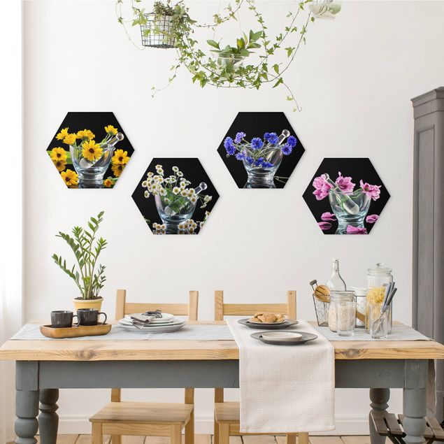 Hexagons Aluminium Dibond schilderijen - 4-delig Flowers in a mortar
