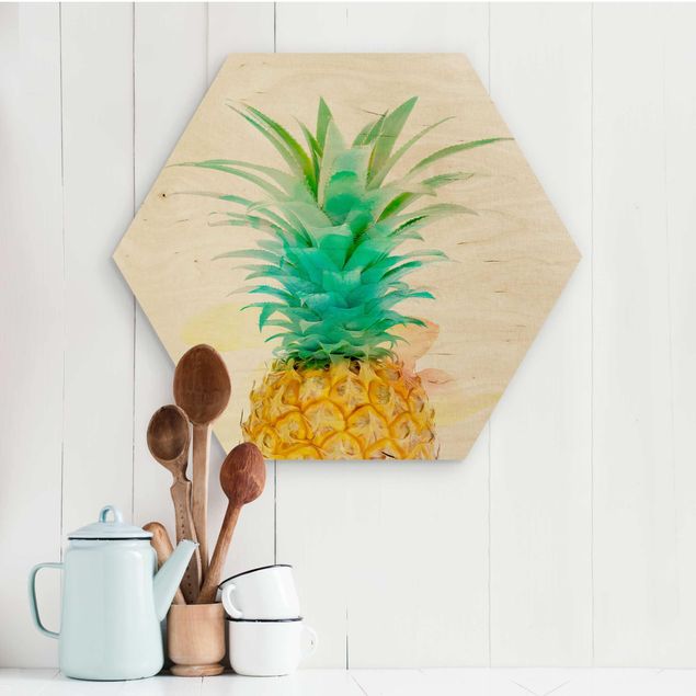 Hexagons houten schilderijen Pineapple Watercolour