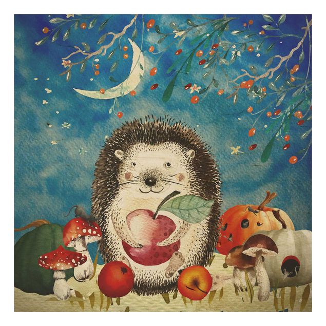 Houten schilderijen Watercolour Hedgehog In Moonlight
