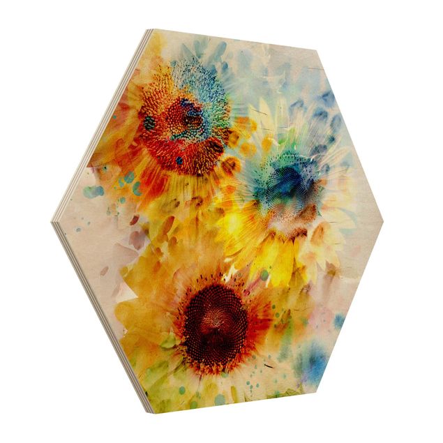 Hexagons houten schilderijen Watercolour Flowers Sunflowers