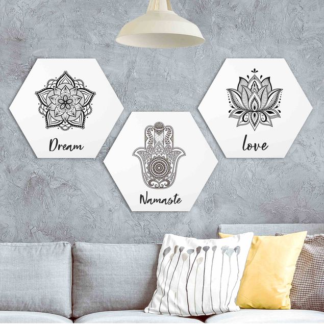 Hexagons Aluminium Dibond schilderijen - 3-delig Mandala Namaste Lotus Set Black White