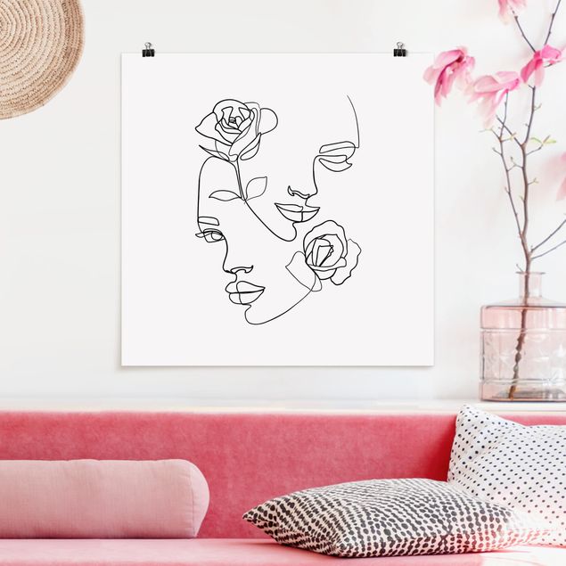 Posters Line Art Faces Women Roses Black And White