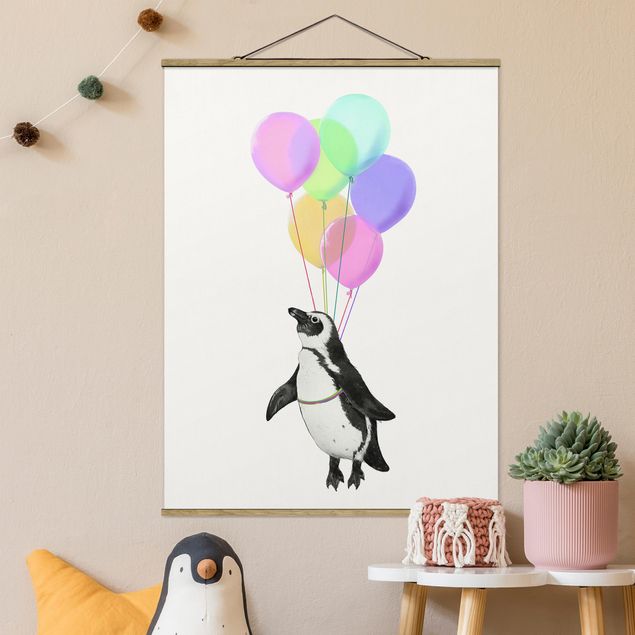 Stoffen schilderij met posterlijst Illustration Penguin Pastel Balloons