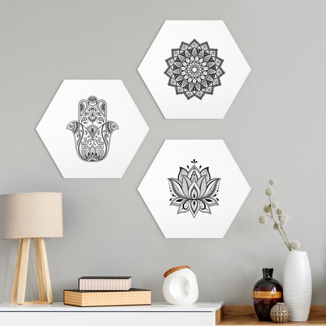 Hexagons Aluminium Dibond schilderijen - 3-delig Mandala Hamsa Hand Lotus Set On White