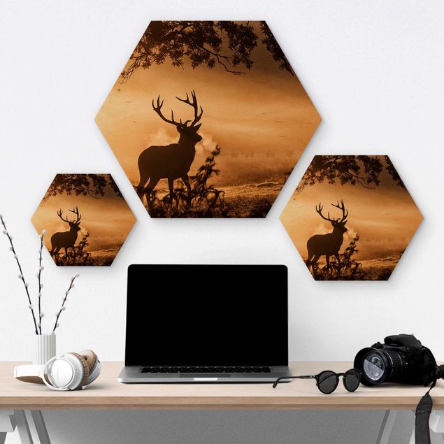 Hexagons houten schilderijen Deer In The Winter Forest