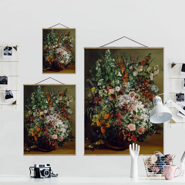 Stoffen schilderij met posterlijst Gustave Courbet - Bouquet of Flowers in a Vase