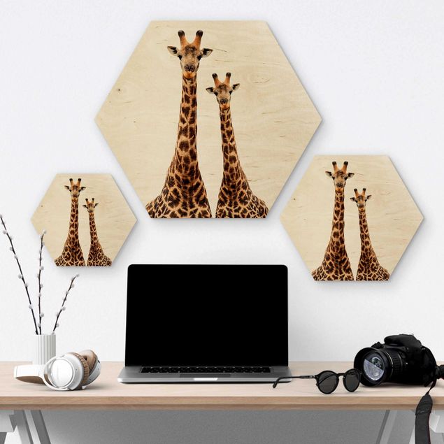 Hexagons houten schilderijen Portait Of Two Giraffes