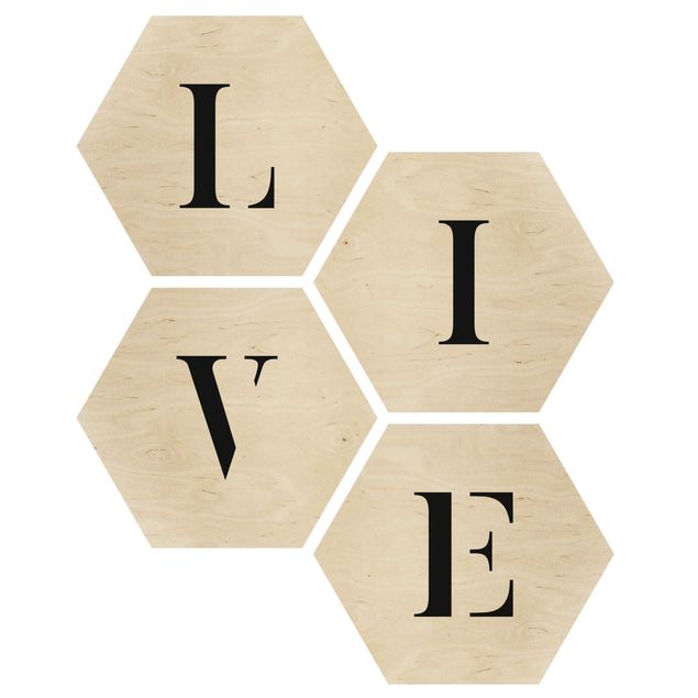 Hexagons houten schilderijen - 4-delig Letters LIVE Black Set II