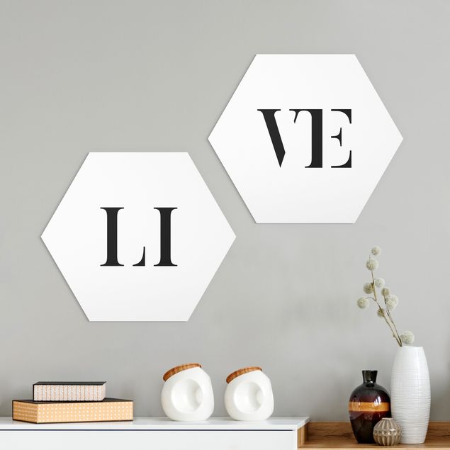 Hexagons Aluminium Dibond schilderijen - 2-delig Letters LIVE Black Set I