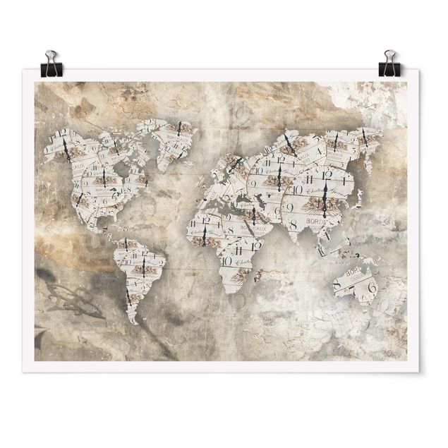 Posters Shabby Clocks World Map