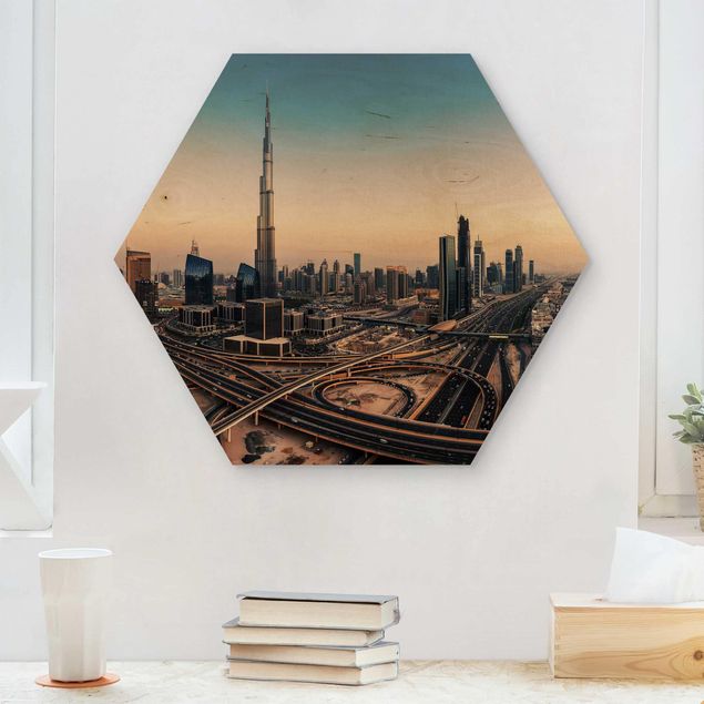 Hexagons houten schilderijen Abendstimmung in Dubai