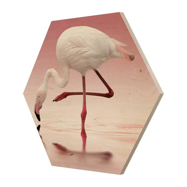 Hexagons houten schilderijen Flamingo Dance