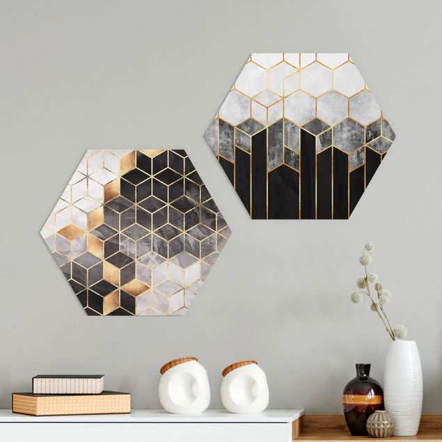 Hexagons Aluminium Dibond schilderijen - 2-delig Golden Geometry Watercolour Set