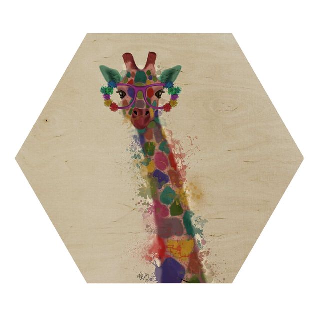 Hexagons houten schilderijen Rainbow Splash Giraffe