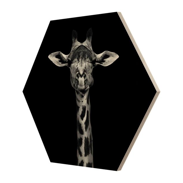 Hexagons houten schilderijen Dark Giraffe Portrait