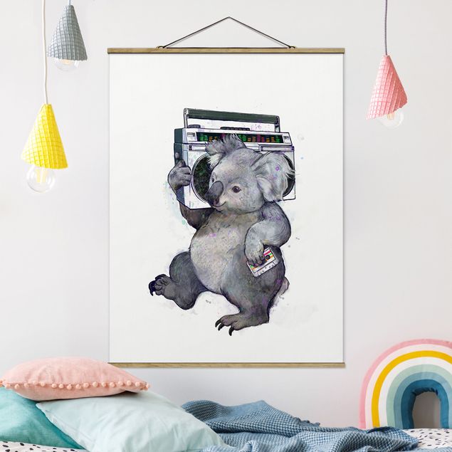 Stoffen schilderij met posterlijst Illustration Koala With Radio Painting