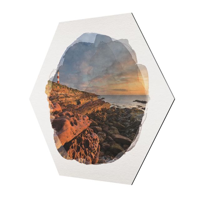 Hexagons Aluminium Dibond schilderijen WaterColours - Tarbat Ness Sea & Lighthouse At Sunset