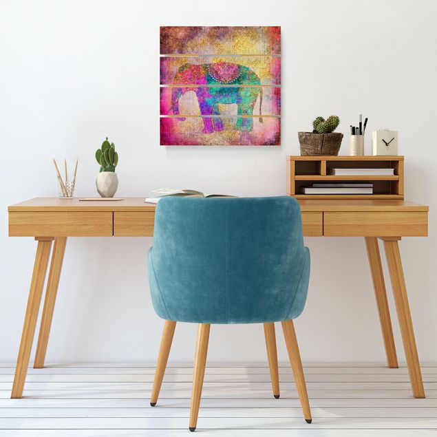 Houten schilderijen op plank Colourful Collage - Indian Elephant