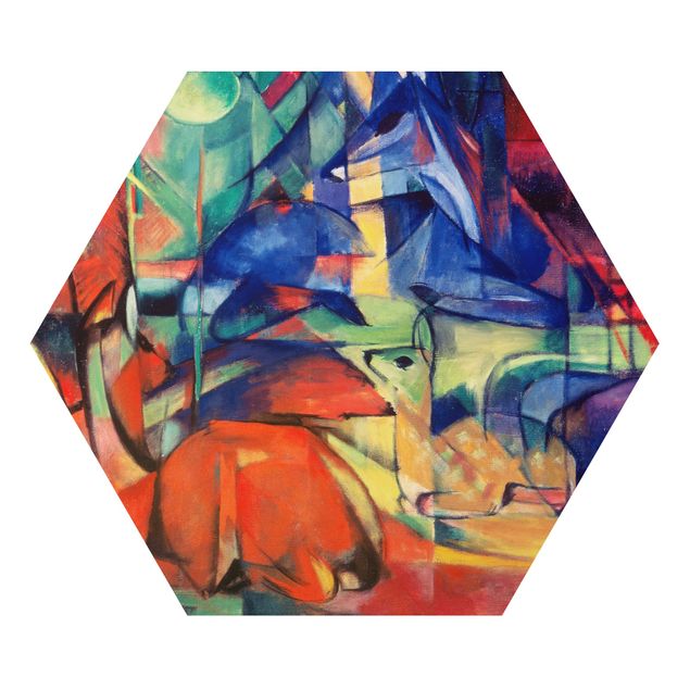 Hexagons Aluminium Dibond schilderijen Franz Marc - Deer In The Forest