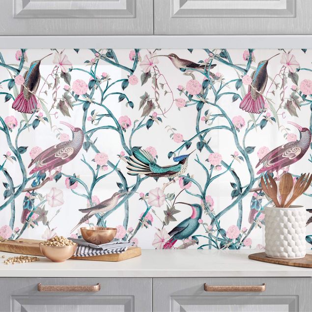 Achterwand voor keuken patroon Light Pink Morning Glories With Birds In Blue II