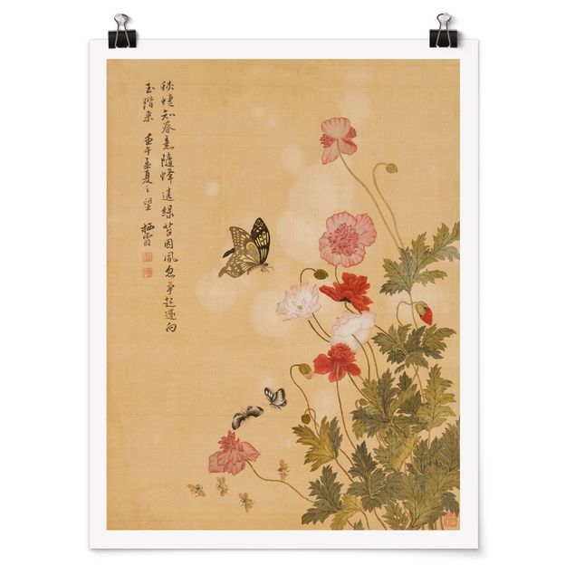 Posters Yuanyu Ma - Poppy Flower And Butterfly