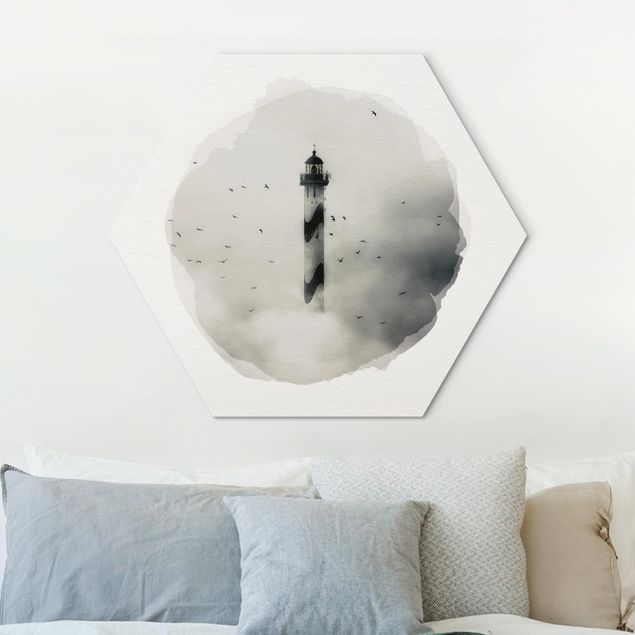 Hexagons Aluminium Dibond schilderijen WaterColours - Lighthouse In The Fog