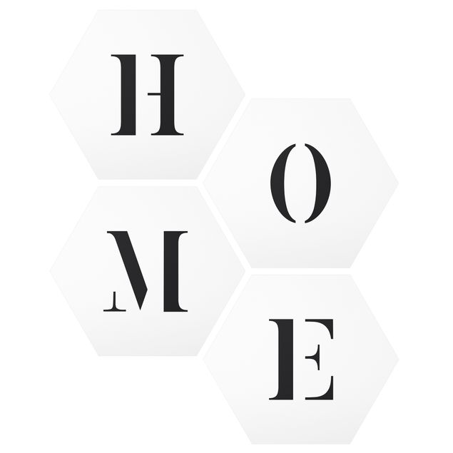 Hexagons Aluminium Dibond schilderijen - 4-delig Letters HOME Black Set II
