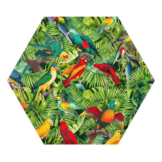 Hexagons Forex schilderijen Colorful Collage - Parrot In The Jungle