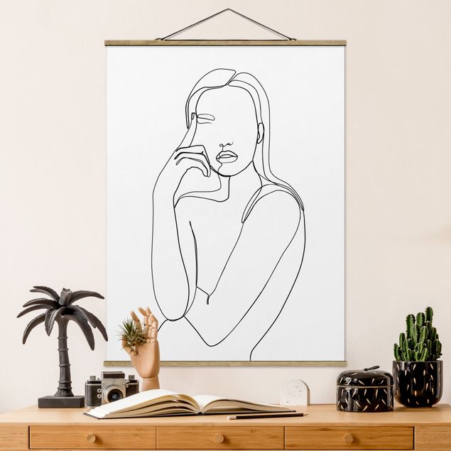 Stoffen schilderij met posterlijst Line Art Pensive Woman Black And White