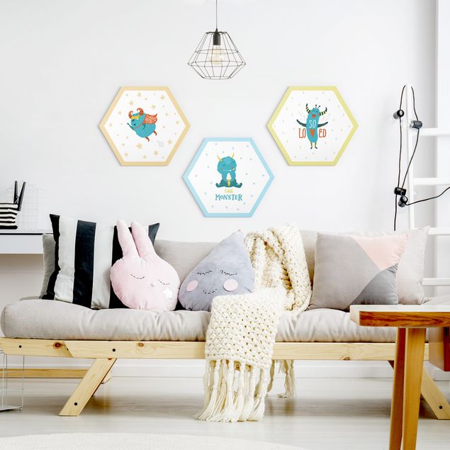 Hexagons Forex schilderijen - 3-delig Sweet Monster Set III