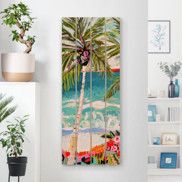 Houten schilderijen op plank Palm Tree With Pink Flowers I