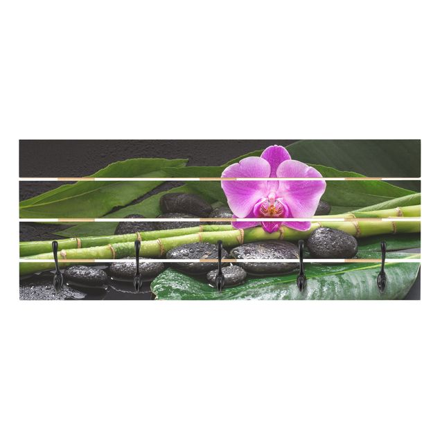 Wandkapstokken houten pallet Green Bamboo With Orchid Flower