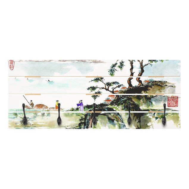 Wandkapstokken houten pallet Japanese Watercolour Drawing Lake And Mountains