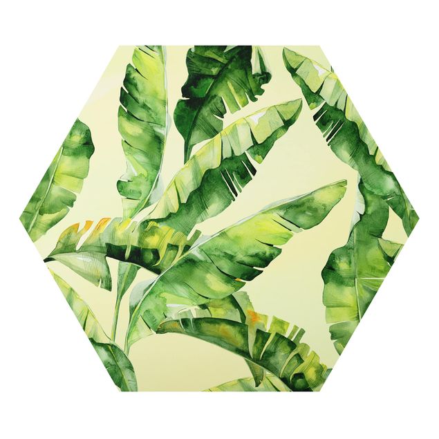 Hexagons Aluminium Dibond schilderijen Banana Leaves Watercolour