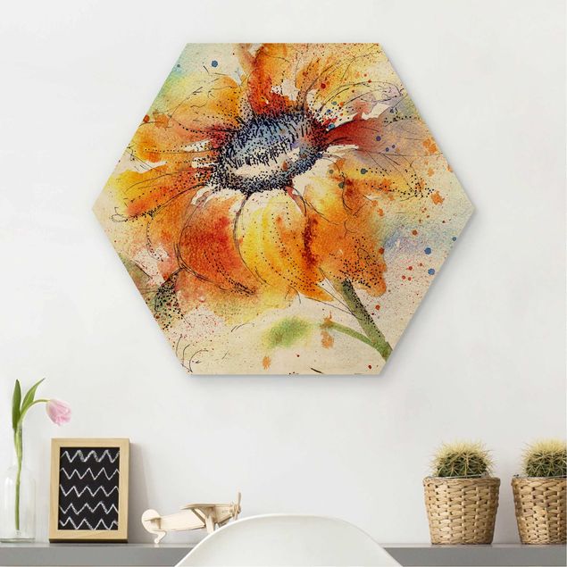 Hexagons houten schilderijen Painted Sunflower