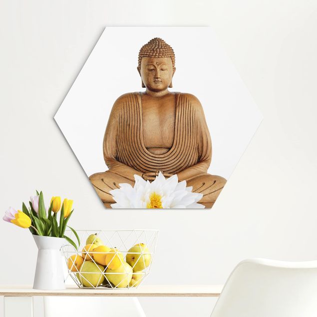 Hexagons Aluminium Dibond schilderijen Wooden Lotus Buddha