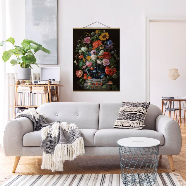 Stoffen schilderij met posterlijst Jan Davidsz de Heem - Tulips, a Sunflower, an Iris and other Flowers in a Glass Vase on the Marble Base of a Column