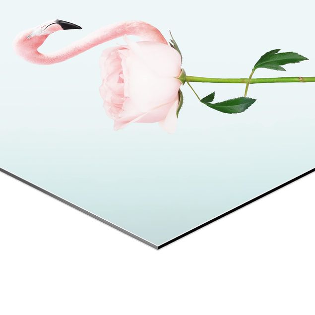 Hexagons Aluminium Dibond schilderijen Flamingo With Rose