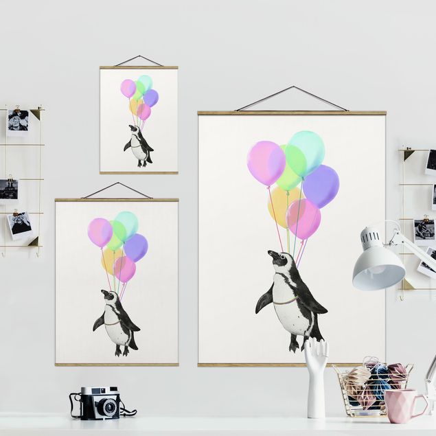 Stoffen schilderij met posterlijst Illustration Penguin Pastel Balloons