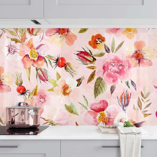 Achterwand voor keuken patroon Watercolour Flowers On Light Pink
