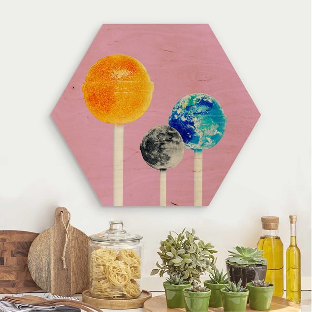 Hexagons houten schilderijen Lollipops With Planets