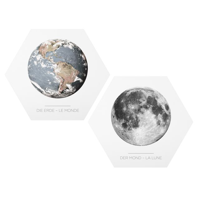 Hexagons Forex schilderijen - 2-delig Moon And Earth