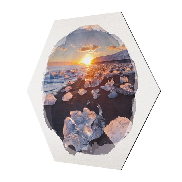 Hexagons Aluminium Dibond schilderijen WaterColours - Chunks Of Ice On The Beach Iceland