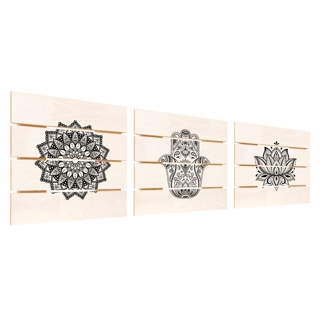 Houten schilderijen op plank - 3-delig Mandala Hamsa Hand Lotus Set On White