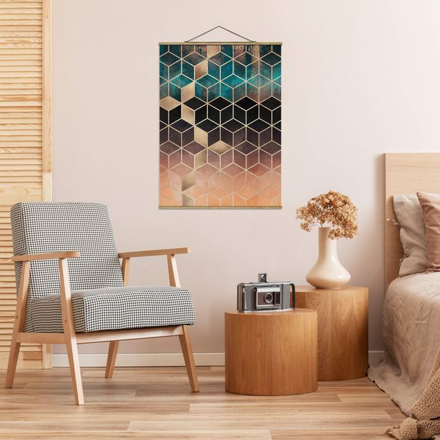 Stoffen schilderij met posterlijst Turquoise Rosé Golden Geometry