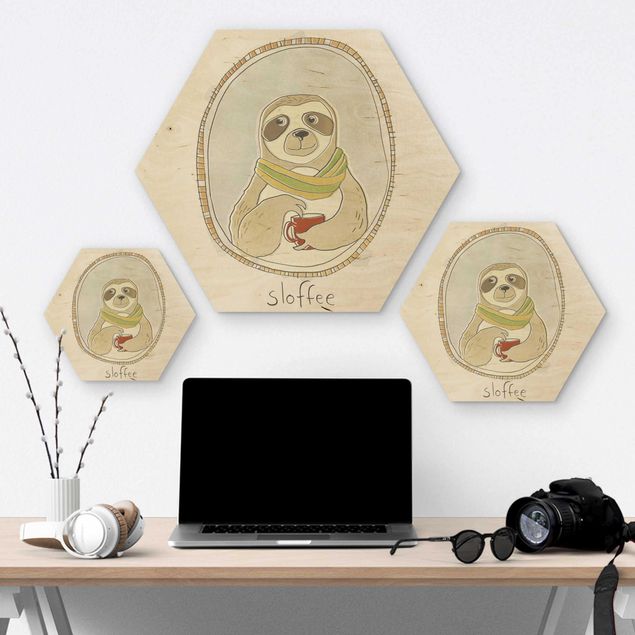 Hexagons houten schilderijen Caffeinated Sloth