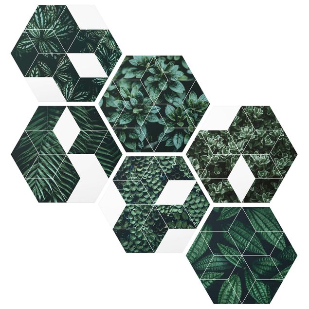 Hexagons Aluminium Dibond schilderijen - 6-delig Green Leaves Geometry Set II