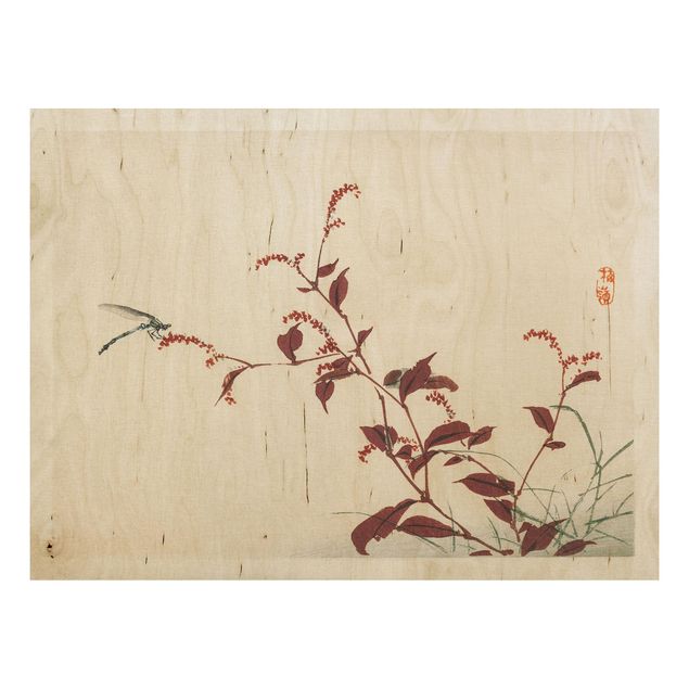 Houten schilderijen Asian Vintage Drawing Red Branch With Dragonfly